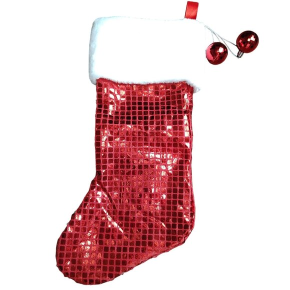 Holiday Time 19 inch Red and White Disco Bling Christmas Stocking With Ornaments - Picture 4 of 4